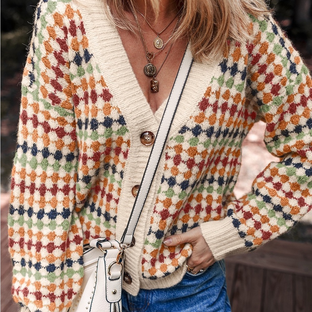 Colorful Geometric Patterned Cardigan Sweater